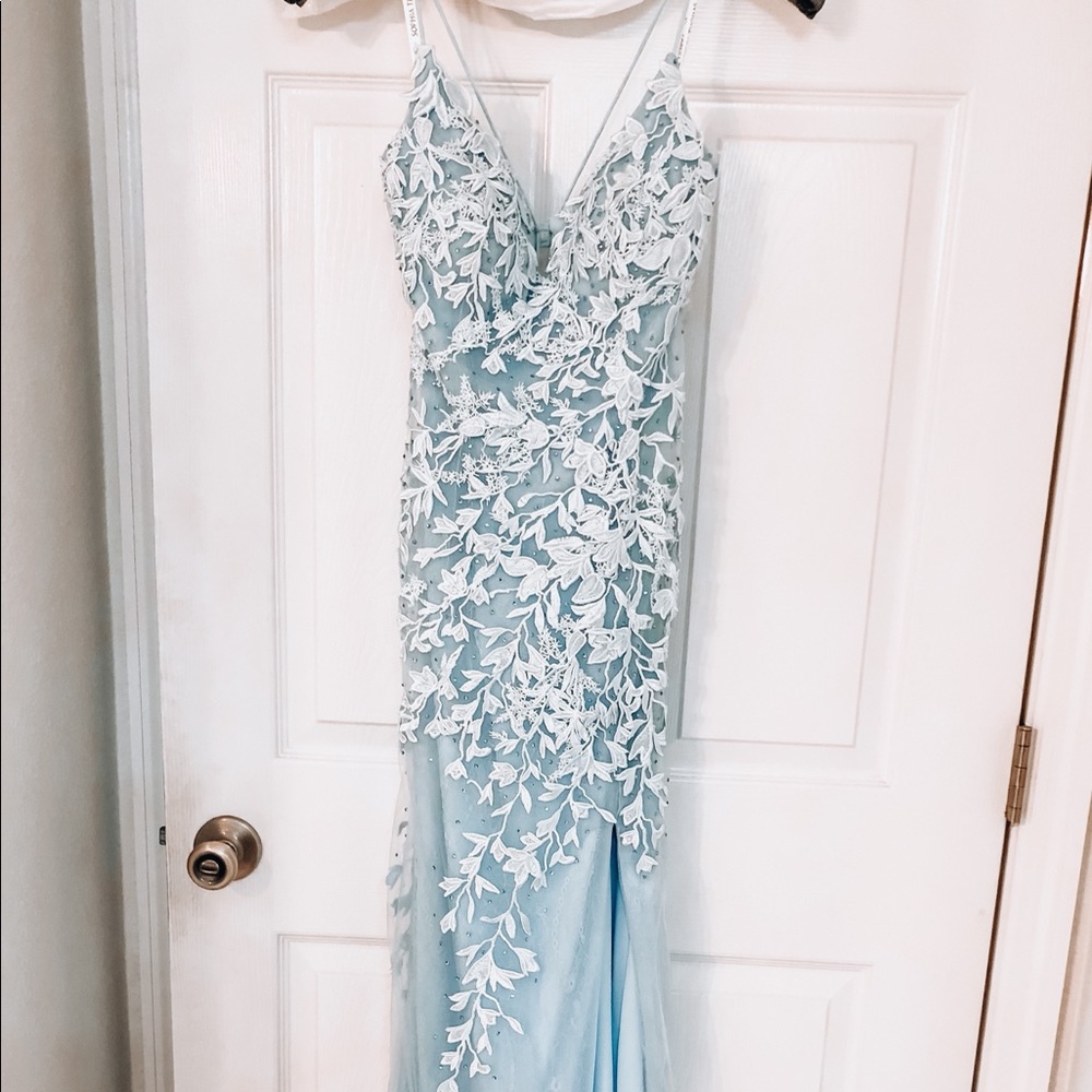 light blue embroidered prom dress
